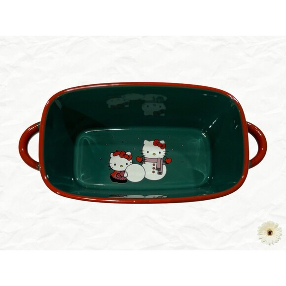 "Hello Kitty" Christmas Ceramic Snowman Loaf Pan Dark Green 9"L x 5"W (NEW) - Picture 2 of 4